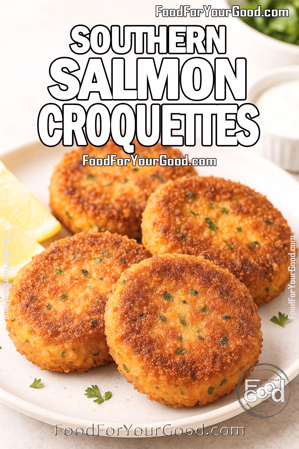 Four golden-brown Southern Salmon Croquettes on a white plate with lemon wedges and dipping sauce