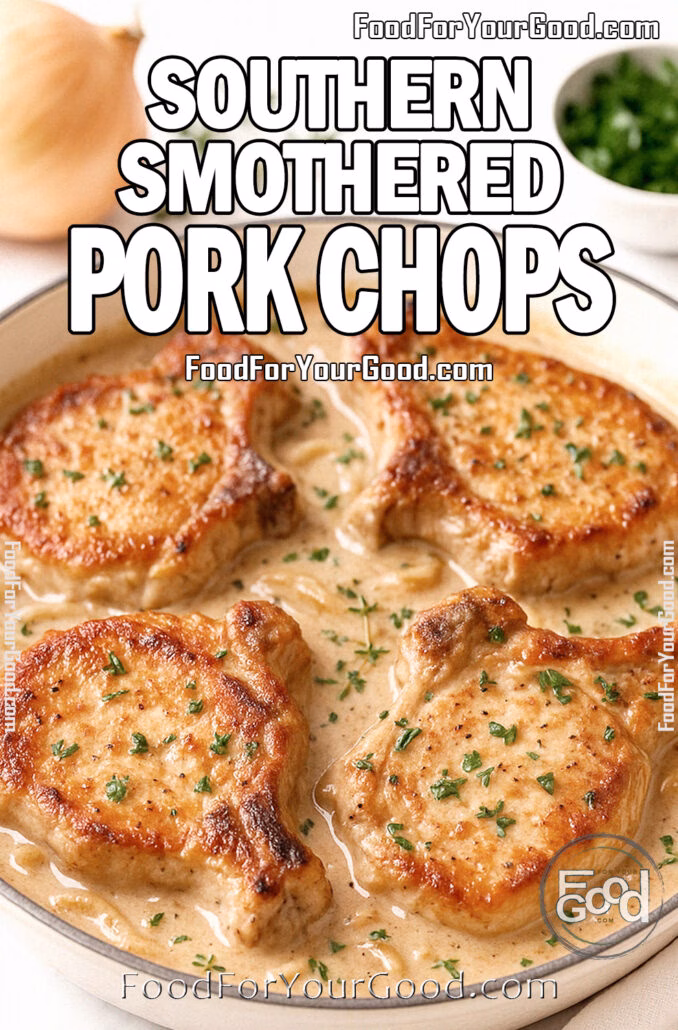 Southern Smothered Pork Chops in creamy onion gravy, garnished with fresh parsley, served in a white skillet on marble background for FoodForYourGood.com