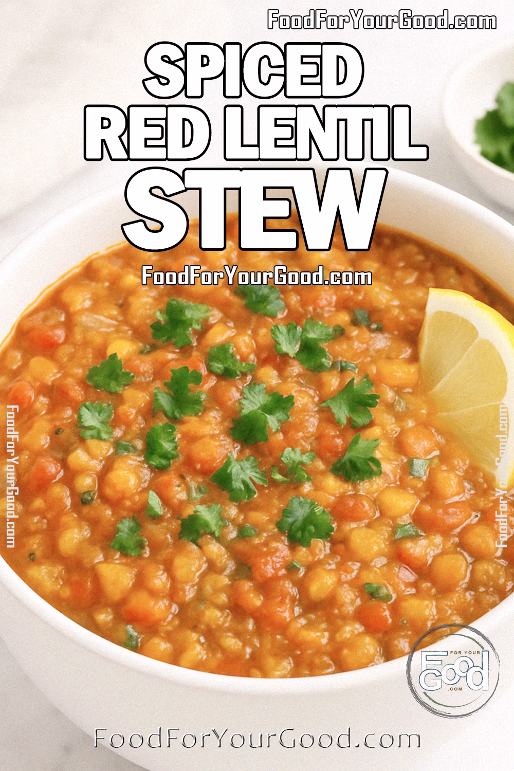 Spiced Red Lentil Stew Recipe - FoodForYourGood.com Spiced Red Lentil Stew in a white ceramic bowl with red lentils, crushed tomatoes, and onions, garnished with cilantro and a lemon wedge.
