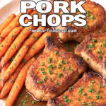 Sticky Honey Pork Chops with caramelized baby carrots on a rustic ceramic plate