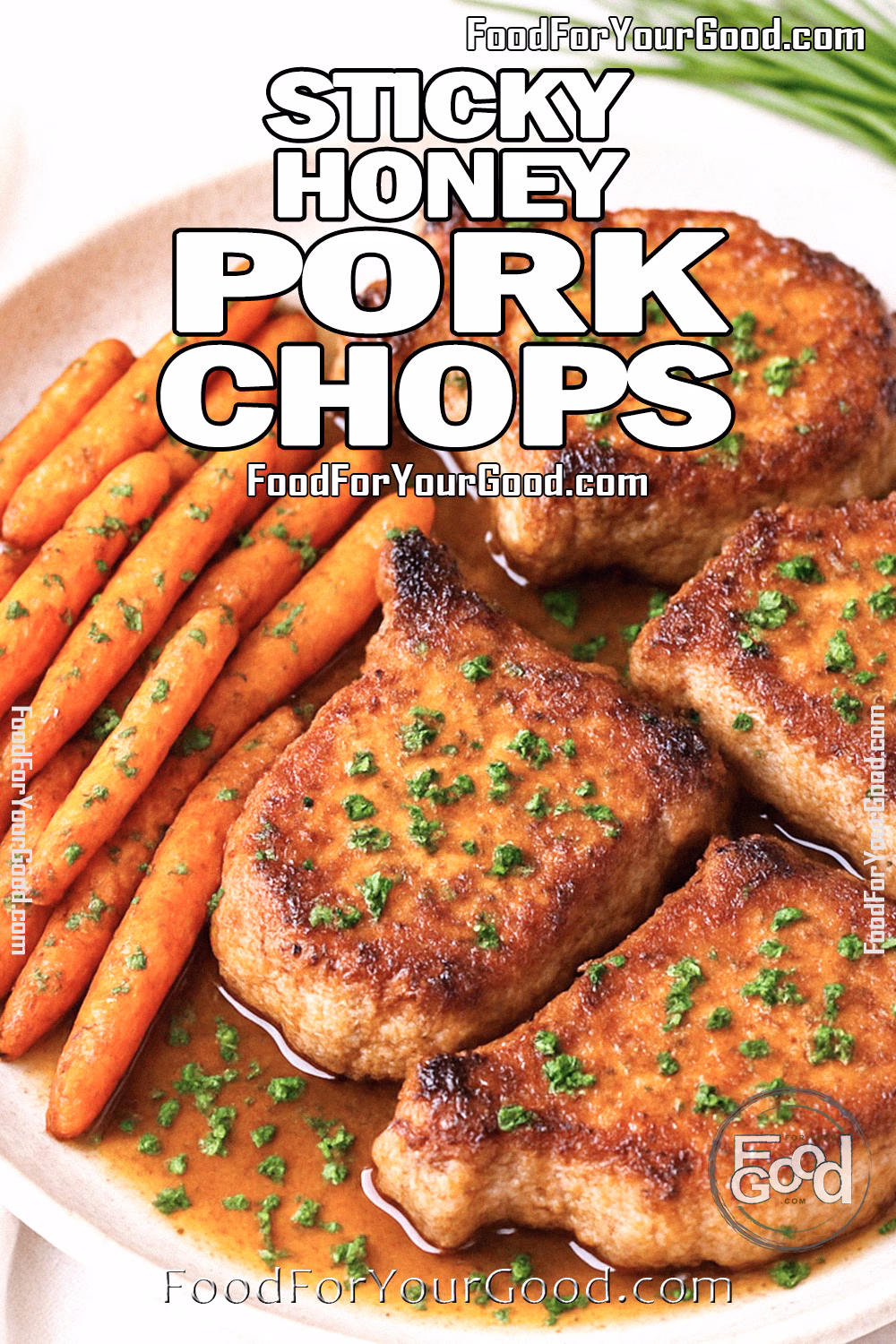 Sticky Honey Pork Chops with caramelized baby carrots on a rustic ceramic plate
