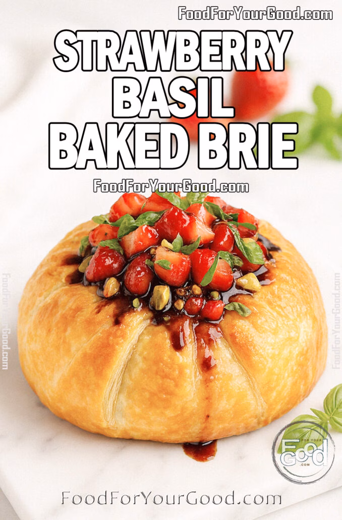 Strawberry Basil Baked Brie Strawberry Basil Baked Brie on FoodForYourGood.com – golden puff pastry baked Brie topped with strawberries, basil, pistachios, and balsamic glaze on a marble tray.