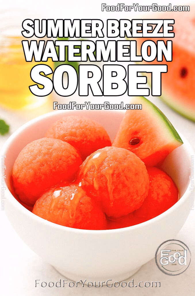 Summer Breeze Watermelon Sorbet A white ceramic bowl filled with vibrant watermelon sorbet scoops drizzled with honey, garnished with a fresh watermelon wedge, placed on a white marble surface with honey and mint in the blurred background.
