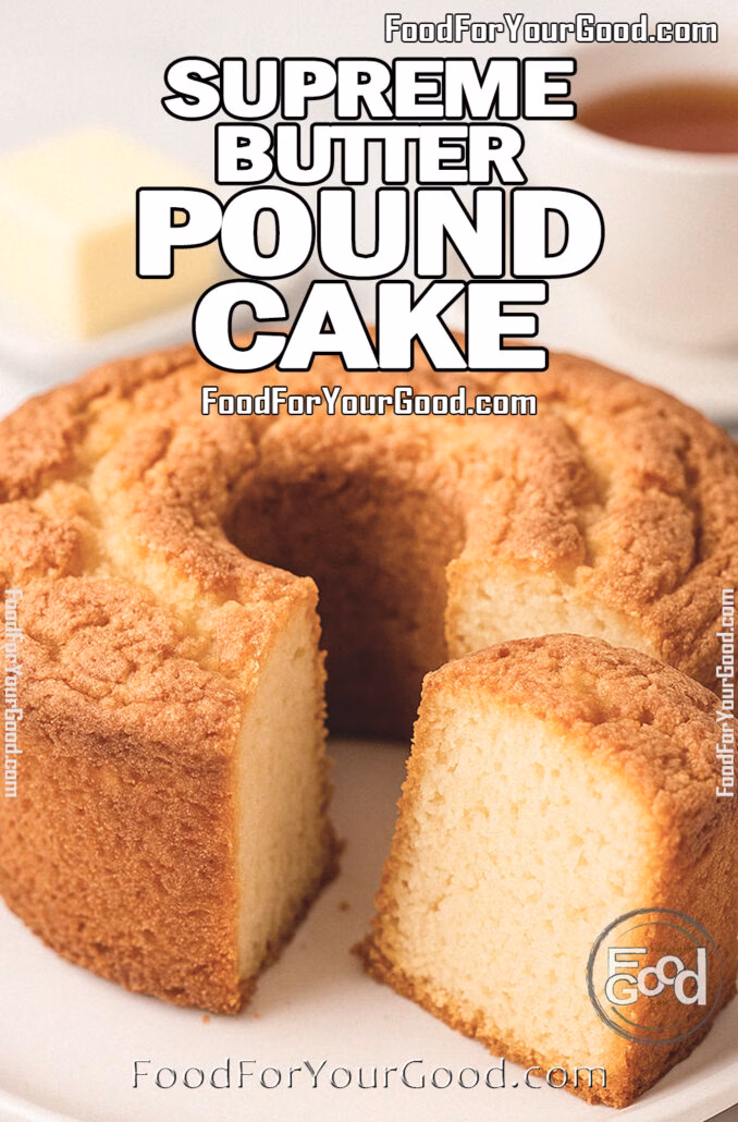 Supreme Butter Pound Cake Supreme Butter Pound Cake on a white plate with a naturally cracked, golden crust and airy crumb, served with a pat of butter and cup of tea in the background.