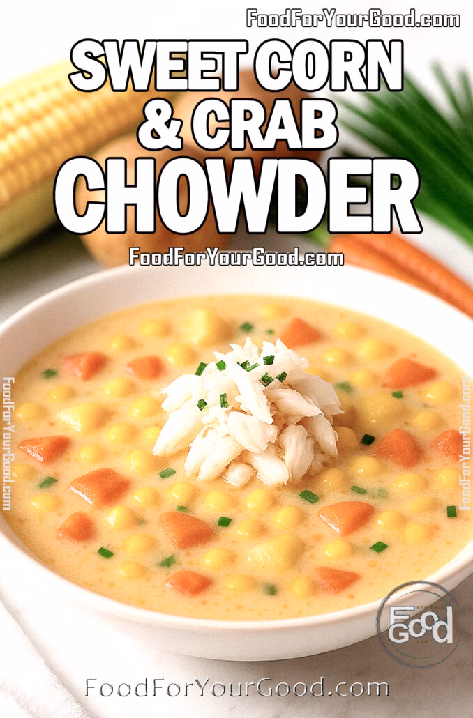 Sweet Corn & Crab Chowder A creamy bowl of Sweet Corn & Crab Chowder garnished with fresh chives, surrounded by corn, potatoes, carrots, and herbs on a white marble background.
