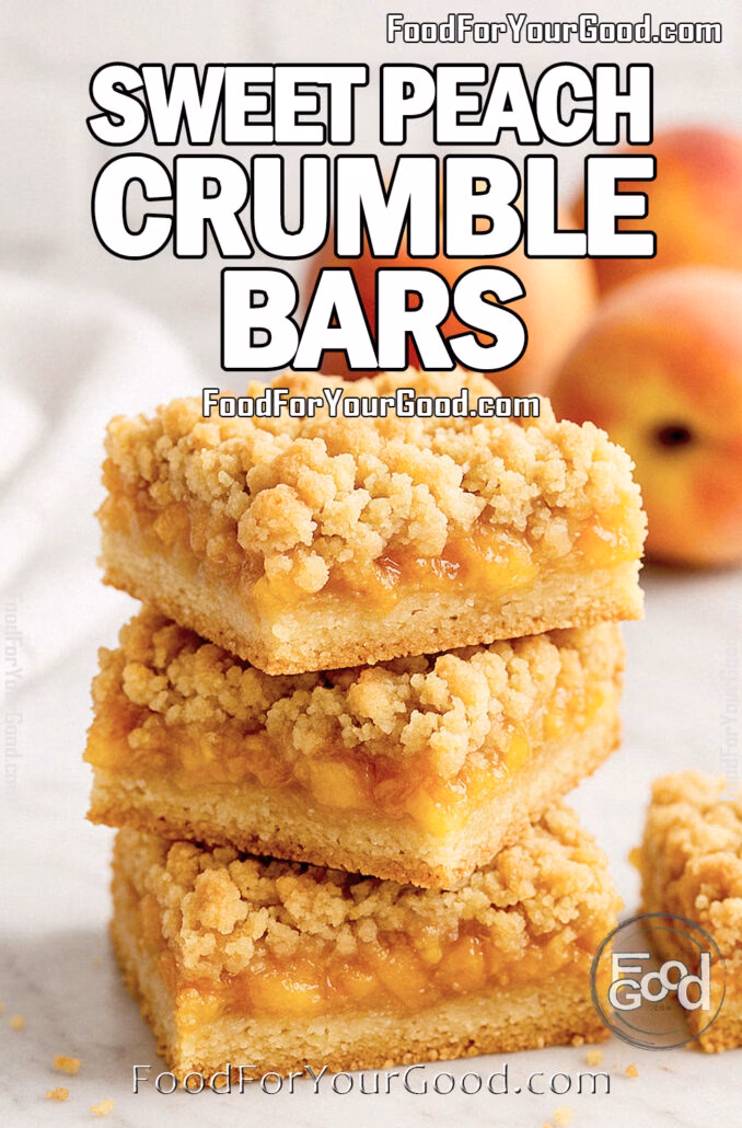 Sweet Peach Crumble Bars Sweet Peach Crumble Bars on white marble with fresh peaches in the background, stacked to show buttery crust, juicy peach filling, and golden crumb topping.