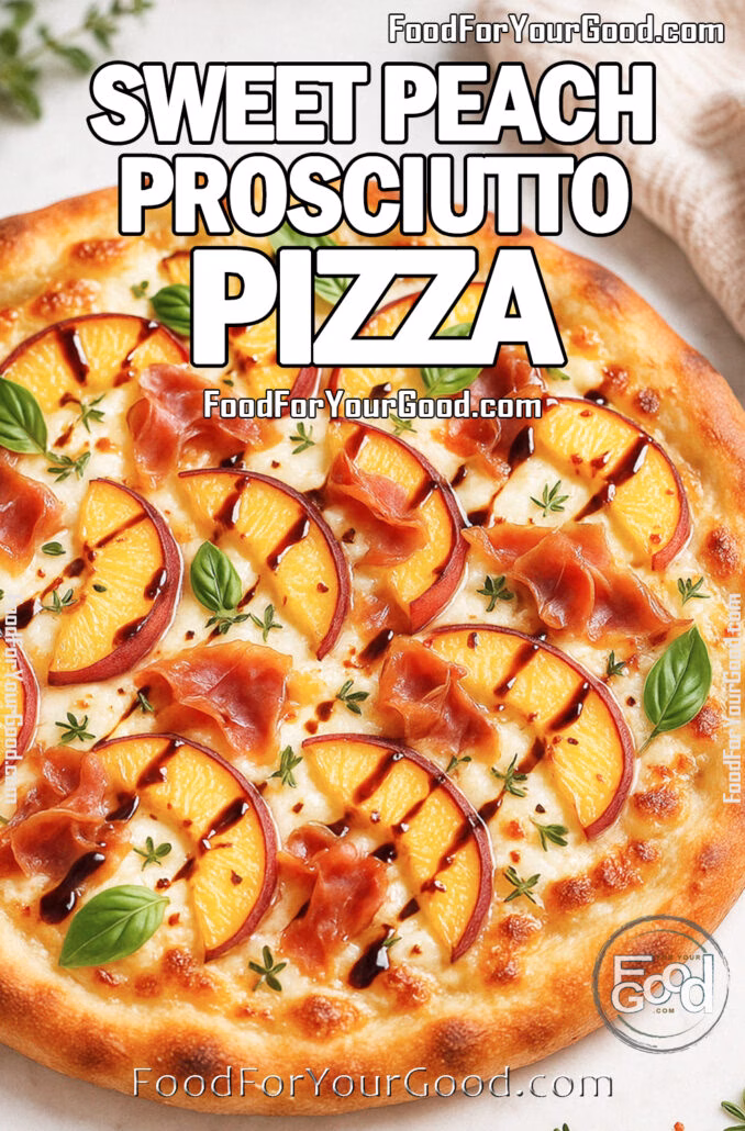 Golden-baked peach and prosciutto pizza topped with basil and balsamic glaze on a white marble surface.