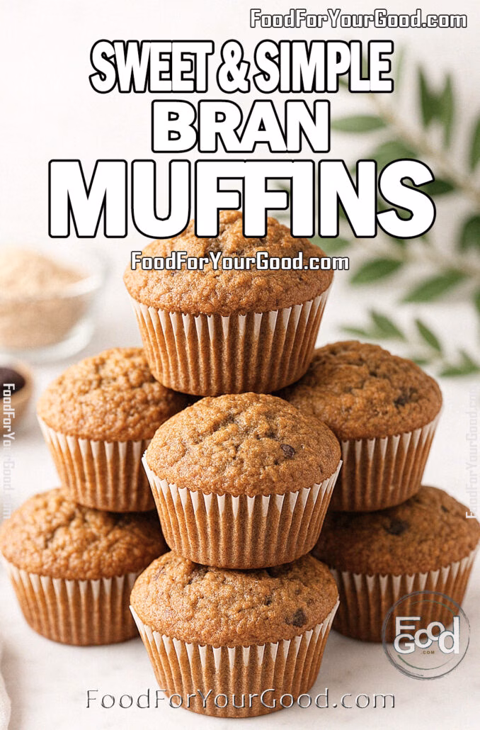 Sweet & Simple Bran Muffins Freshly baked Sweet & Simple Bran Muffins stacked on white marble with wheat bran and raisins in background.