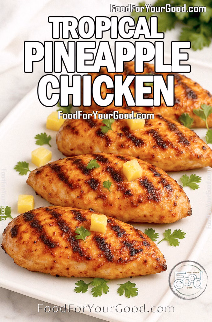 Tropical Pineapple Chicken on FoodForYourGood.com – grilled pineapple-marinated chicken breasts on an upscale white pointed-corner platter with pineapple chunks and cilantro, white towel, and herbs on a marble background.