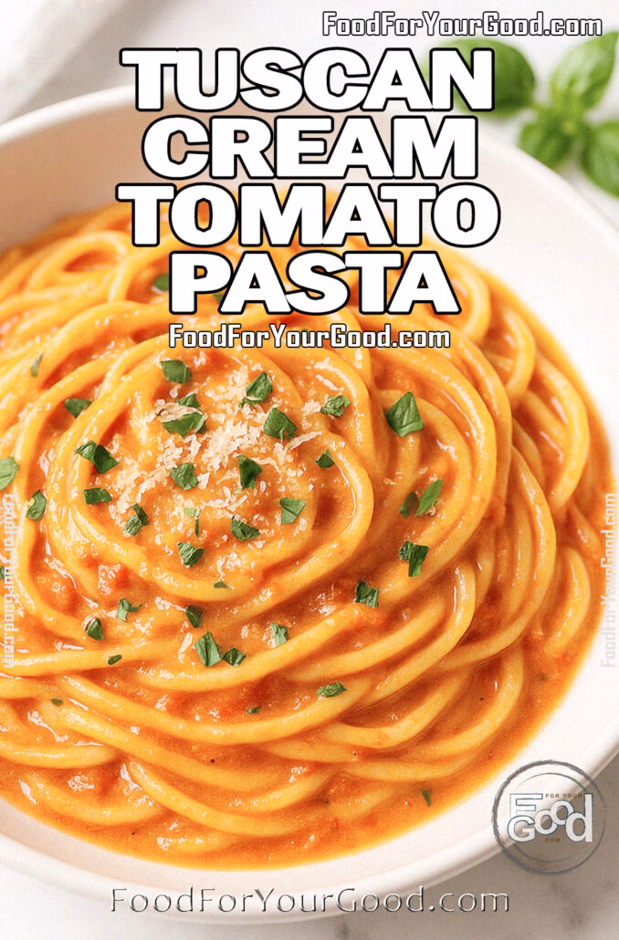 Tuscan Cream Tomato Pasta Tuscan Cream Tomato Pasta served in a white plate on marble background with basil garnish.