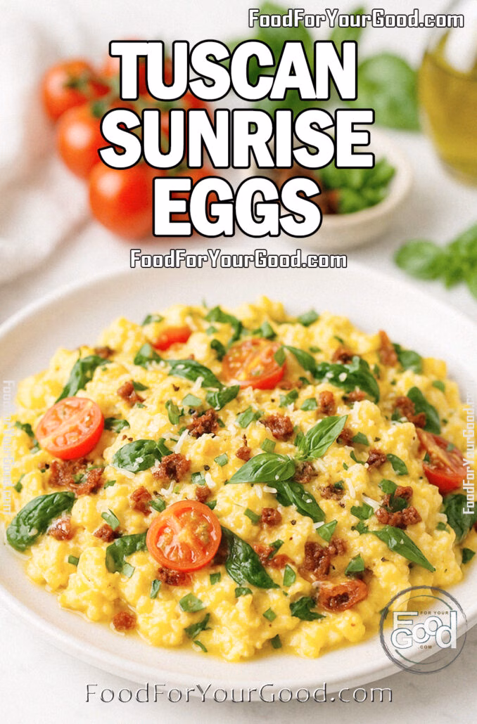 Tuscan Sunrise Eggs with cherry tomatoes, spinach, and basil on a white marble countertop.