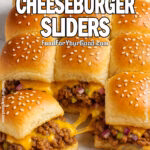 Ultimate Cheeseburger Sliders pulled apart to reveal cheesy beef filling on FoodForYourGood.com
