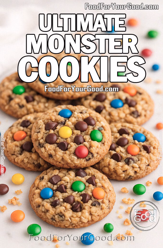 Ultimate Monster Cookies on white marble with colorful candy-coated chocolates and scattered cookie crumbs in the background.