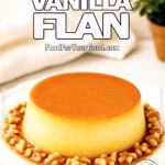 Velvety Vanilla Flan with caramel glaze and chopped walnuts on white plate with towel