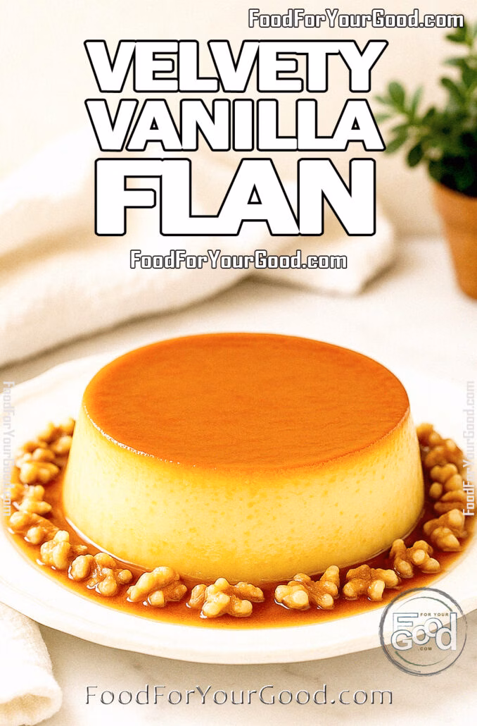 Velvety Vanilla Flan with caramel glaze and chopped walnuts on white plate with towel
