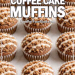 Vietnamese Coffee Cake Muffins with cinnamon crumble topping and condensed milk glaze, arranged in a larger batch on a white marble surface.