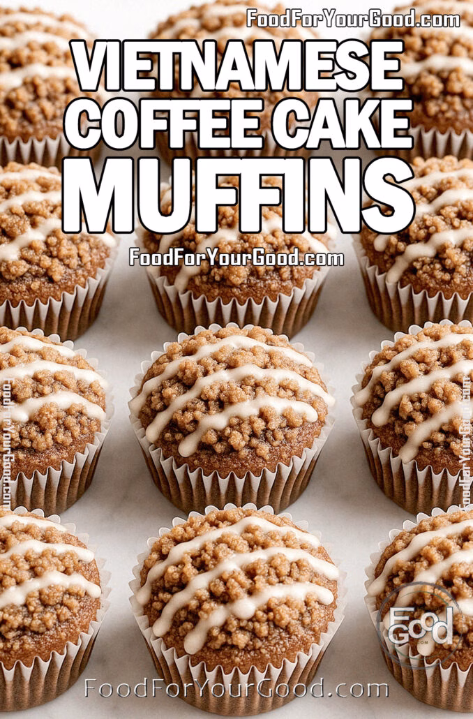 Vietnamese Coffee Cake Muffins Vietnamese Coffee Cake Muffins with cinnamon crumble topping and condensed milk glaze, arranged in a larger batch on a white marble surface.