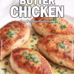 Zesty Lime Butter Chicken with golden crispy skin, melted lime butter, and fresh parsley on a white plate.