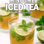 Three clear glasses of Zesty Mint Lime Iced Tea with lime slices, ice cubes, and small mint sprigs on a marble background.