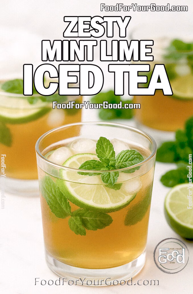 Zesty Mint Lime Iced Tea Three clear glasses of Zesty Mint Lime Iced Tea with lime slices, ice cubes, and small mint sprigs on a marble background.