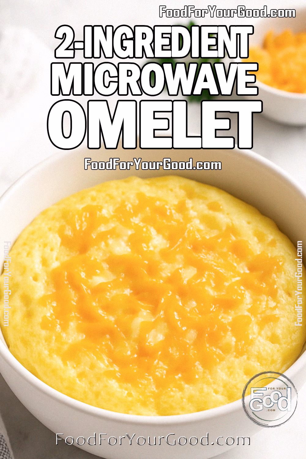 Fluffy 2-Ingredient Microwave Egg Omelet with melted cheddar cheese, served in a white bowl on a marble background – FoodForYourGood.com