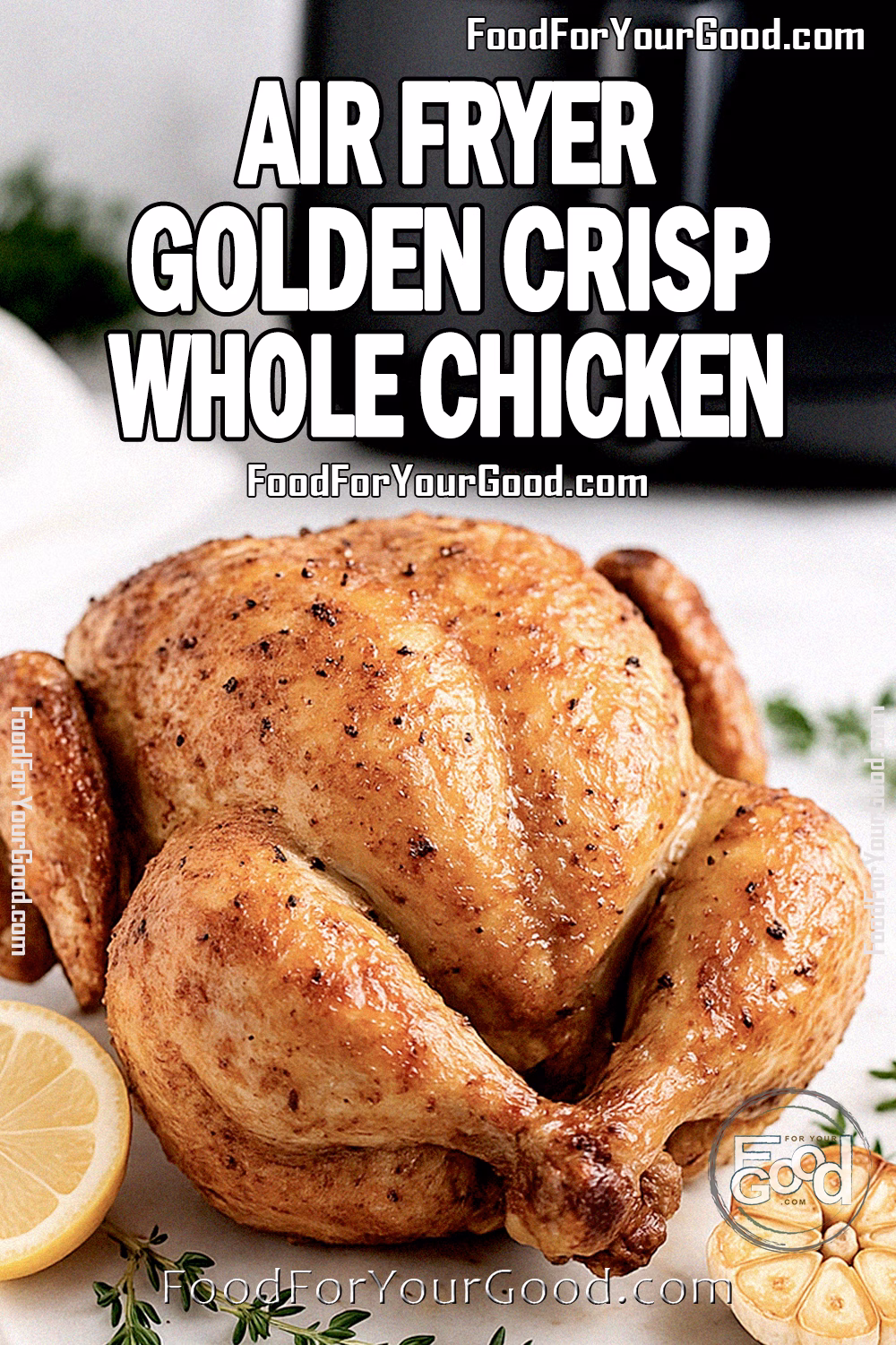 Air Fryer Golden Crisp Whole Chicken served on a white marble tray with lemon and herbs on FoodForYourGood.com