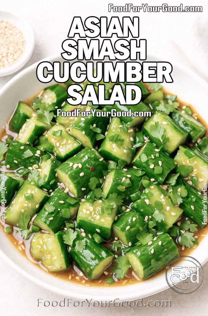 Asian Smash Cucumber Salad Asian Smash Cucumber Salad in a white ceramic bowl, dressed with soy-sesame sauce, garnished with sesame seeds, cilantro, and scallions on a marble surface.