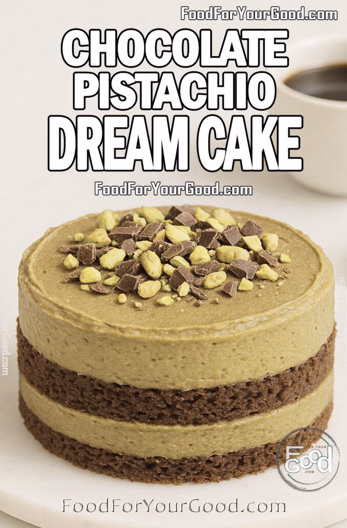 Chocolate Pistachio Dream Cake Chocolate Pistachio Dream Cake layered with cocoa sponge and pistachio chocolate frosting, topped with chopped pistachios and shaved chocolate on a white marble background.