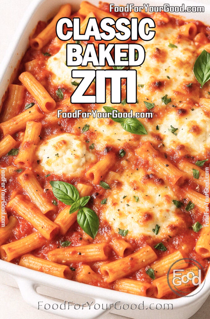 Classic Baked Ziti Classic Baked Ziti with Three Cheeses in a white ceramic baking dish on a white marble countertop, topped with golden melted cheese and fresh basil, with a white towel and herbs blurred in the background.