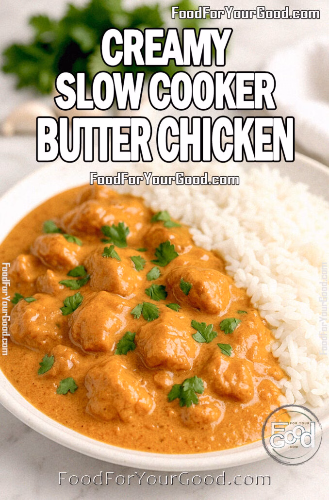 Creamy Slow Cooker Butter Chicken Creamy Slow Cooker Butter Chicken with basmati rice on a white plate, garnished with fresh cilantro.