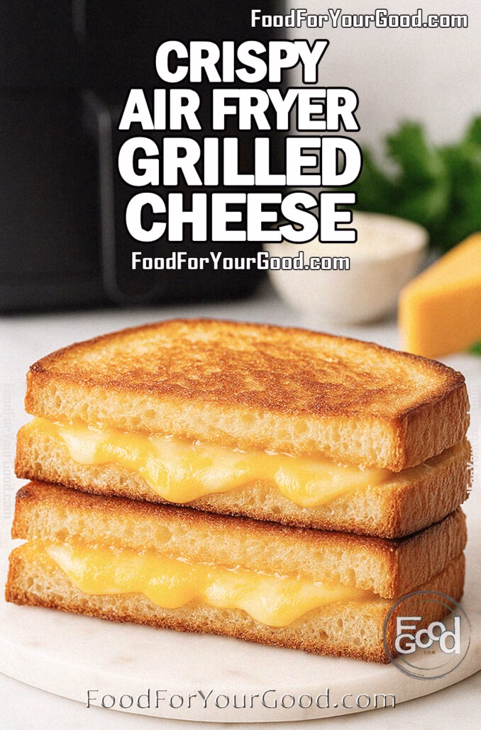 Crispy Air Fryer Grilled Cheese with golden sourdough bread and melted cheddar layered inside, styled on white marble with air fryer in background.