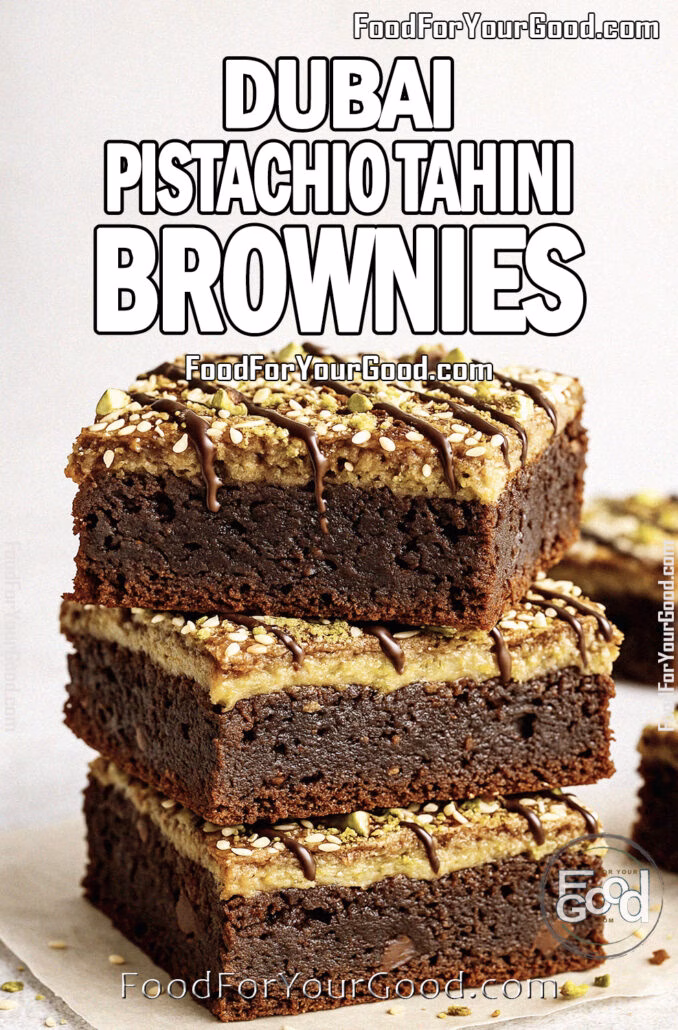 Dubai Pistachio Tahini Brownies A stack of fudgy Dubai Pistachio Tahini Brownies on a round white plate. The brownies feature a rich chocolate base, a smooth pistachio-tahini layer, and are topped with sesame seeds, chopped pistachios, and a drizzle of dark chocolate. Styled on a white marble surface with a blurred white towel in the background.