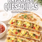 Farmhouse Breakfast Quesadillas stacked on a rustic white plate over marble, filled with scrambled eggs, sausage, peppers, and melted cheese. Styled with sour cream, salsa, a white towel, and blurred fresh herbs in the background.