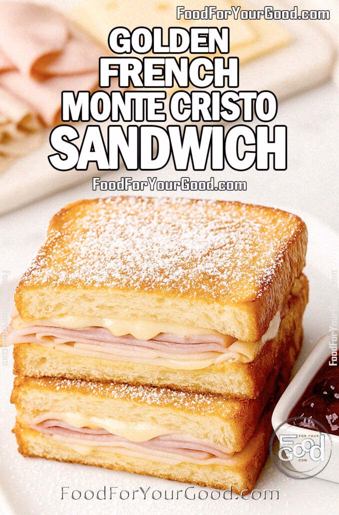 Golden French Monte Cristo Sandwich Golden French Monte Cristo Sandwich on a square white plate with ham, turkey, and melted cheese, served with raspberry preserves on FoodForYourGood.com