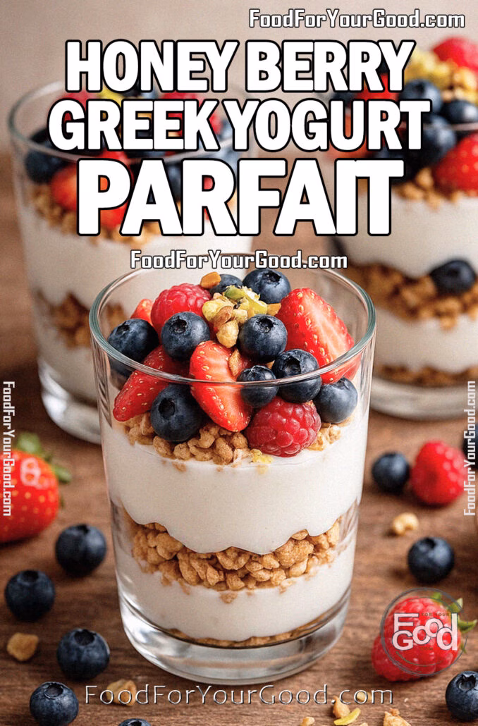 Honey Berry Greek Yogurt Parfait Honey Berry Greek Yogurt Parfait layered with creamy yogurt, granola, strawberries, blueberries, and raspberries in a clear glass.