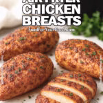Juicy Air Fryer Chicken Breasts with golden, crispy seasoning and parsley garnish, one sliced to reveal moist interior, on marble tray with blurred air fryer and towel in background.
