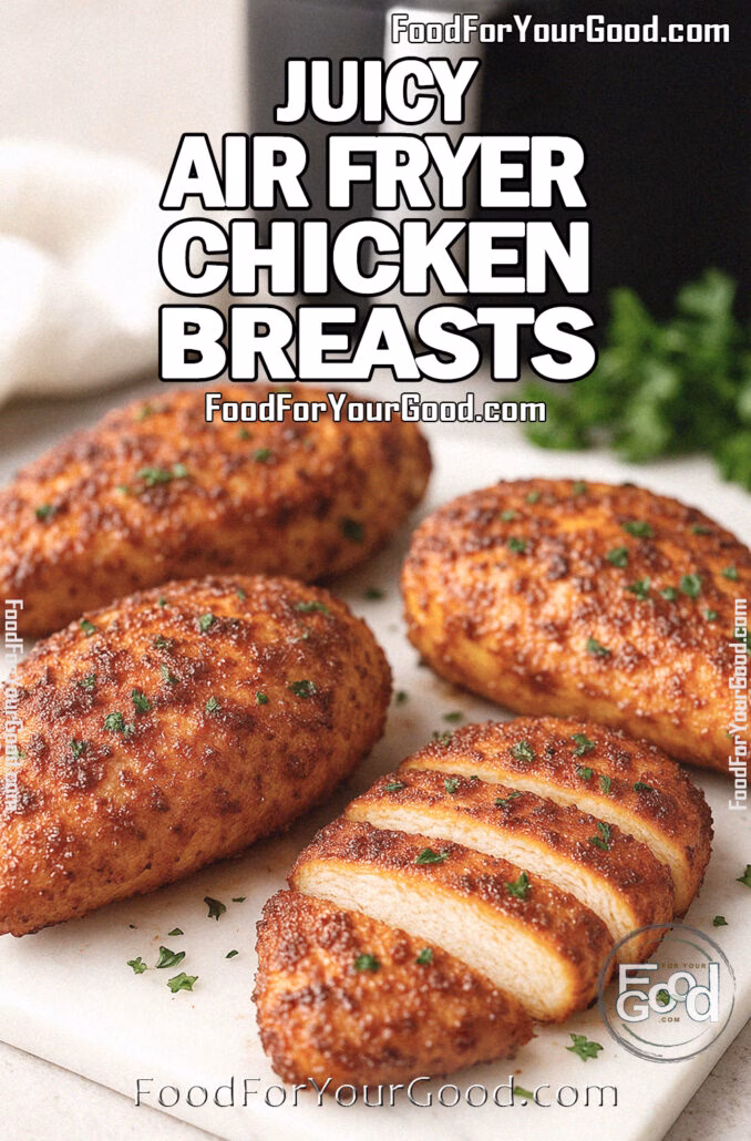 Juicy Air Fryer Chicken Breasts with golden, crispy seasoning and parsley garnish, one sliced to reveal moist interior, on marble tray with blurred air fryer and towel in background.