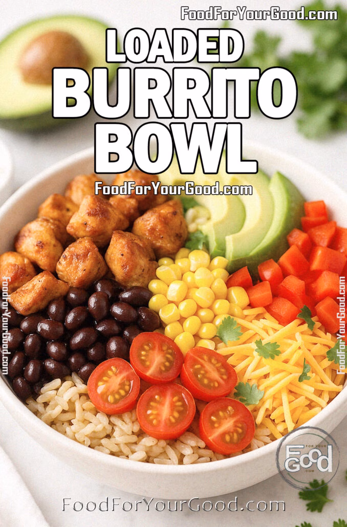 Loaded Burrito Bowl with chicken, black beans, corn, avocado, cheese, and rice served in a white bowl on marble background