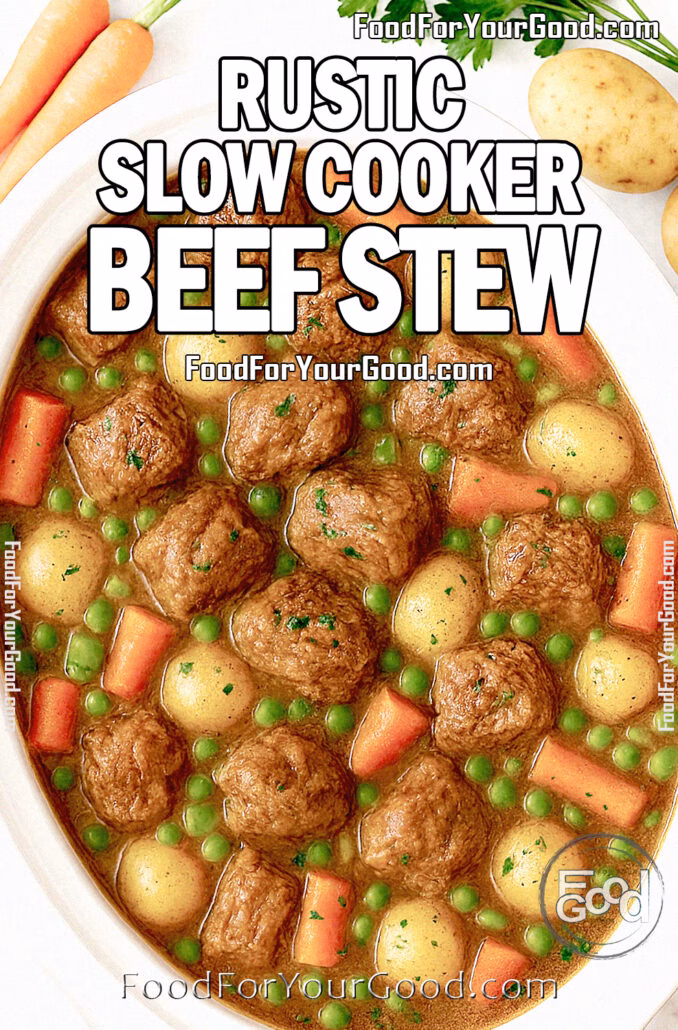 Rustic Slow Cooker Beef Stew in a white slow cooker filled with tender beef chunks, golden potatoes, carrots, peas, and celery in a rich brown broth, on a white marble countertop with fresh herbs and vegetables around.