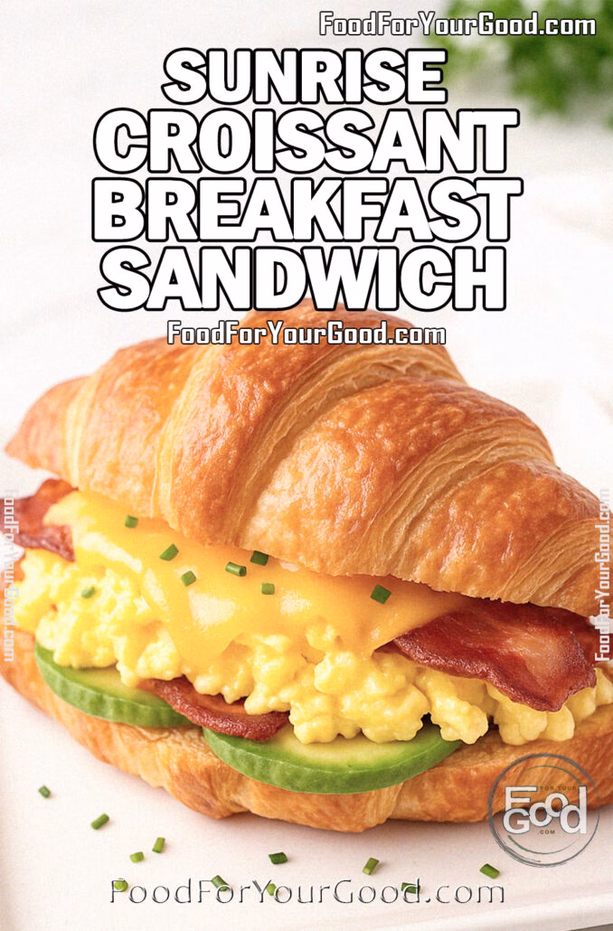 Sunrise Croissant Breakfast Sandwich on a square white plate with scrambled eggs, melted cheddar, avocado, and bacon.