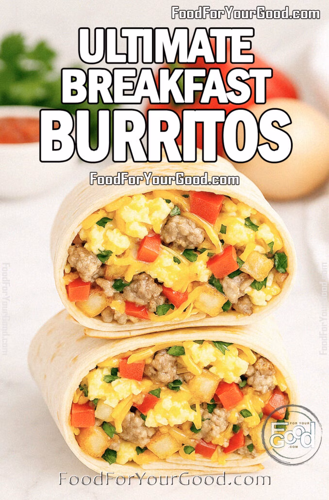 Ultimate Breakfast Burritos Ultimate Breakfast Burritos cut in half, stacked on a white marble surface, filled with fluffy scrambled eggs, sausage, crispy hash browns, melted cheese, and peppers, with salsa, cilantro, and a red bell pepper in the blurred background.