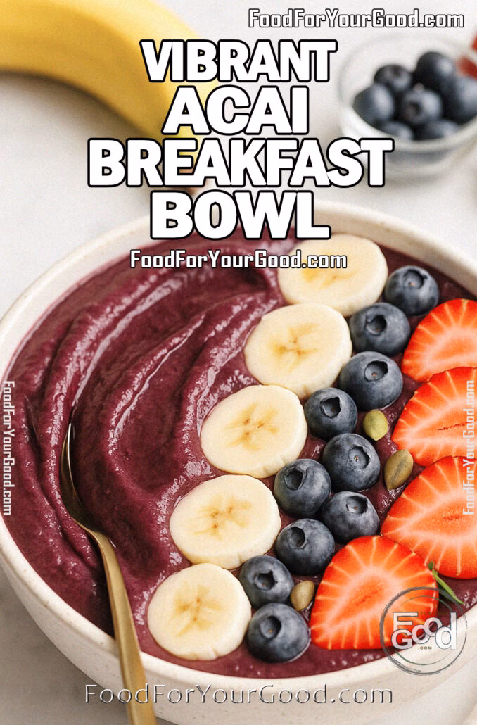 Vibrant Acai Breakfast Bowl with a thick purple base topped with banana slices, blueberries, strawberries, pumpkin seeds, and chia seeds in a white bowl on a marble surface.