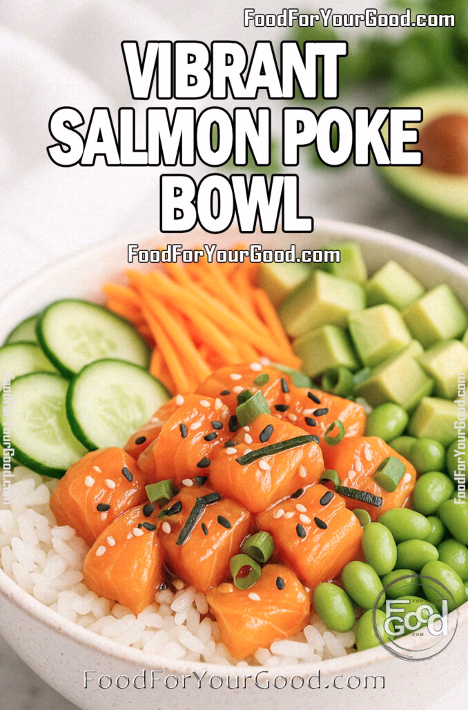 Vibrant Salmon Poke Bowl served in a white bowl with sushi rice, marinated salmon, avocado, cucumber, carrots, and edamame on a white marble surface with blurred herbs in the background.