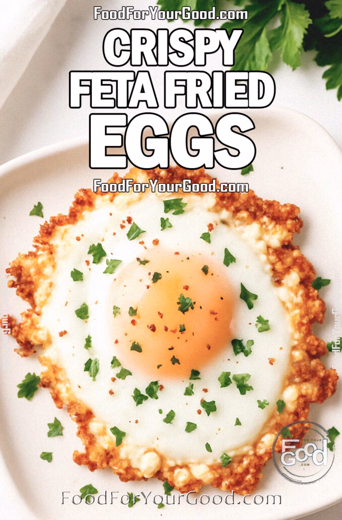 Crispy Feta Fried Eggs on a white plate with golden, lacy feta edges and fresh parsley garnish, photographed on a marble surface in bright daylight on FoodForYourGood.com.